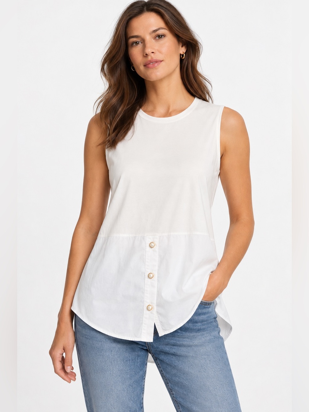 ME+EM White Mixed Media Sleeveless Pearl Button Top US Size 8/UK 12